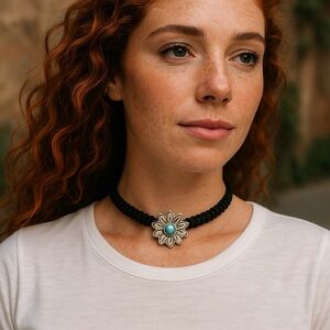 Hand Crafted Black Leather Macrame Choker Necklace with Flower Pendant